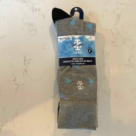 Izod Saltwater 4 Pairs Lightweight Pattern Crew Dress Socks Gry Blk Blue OS NWT - Picture 1 of 7